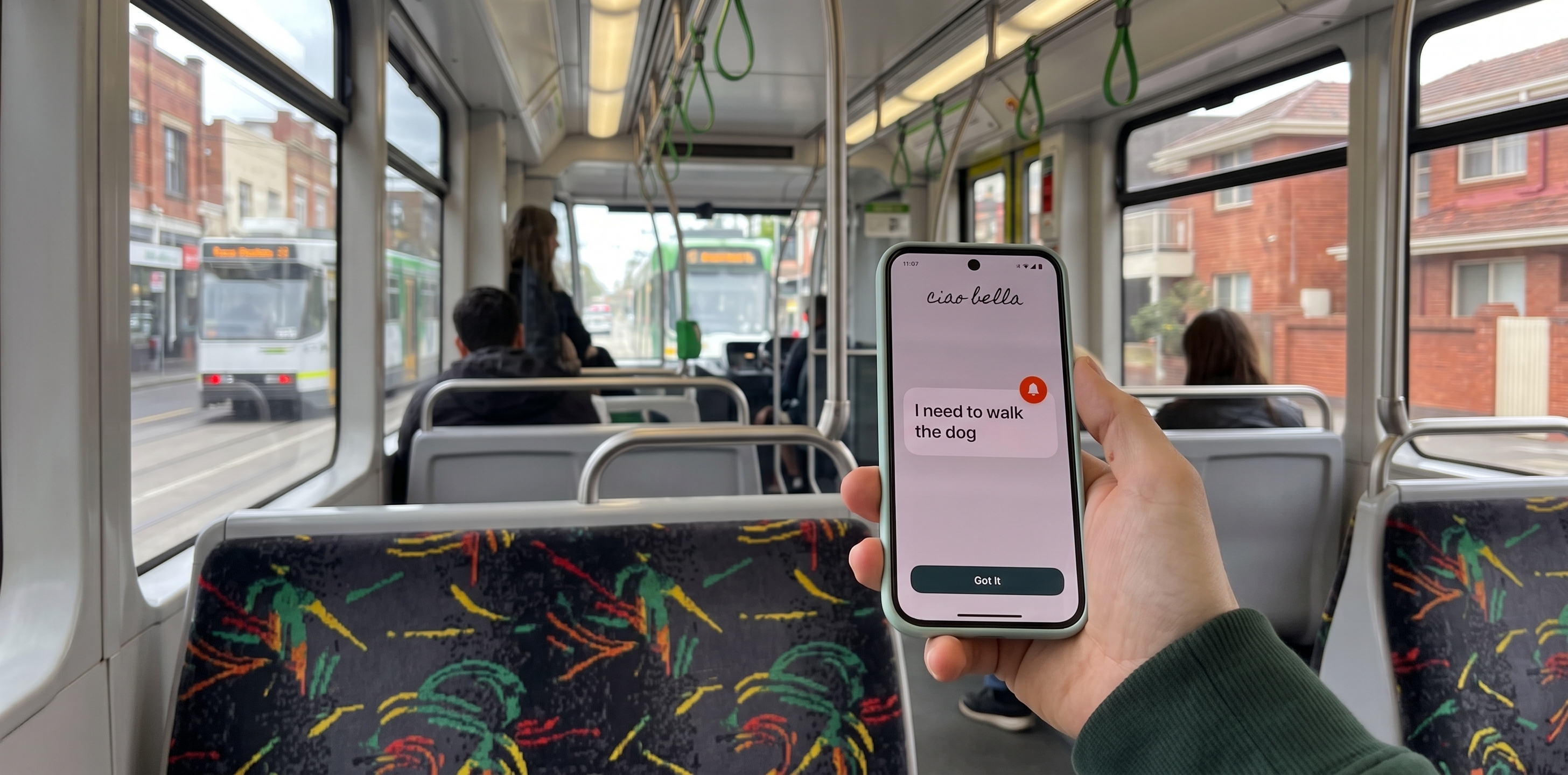A concept of the ciao bella app on a Melbourne tram.